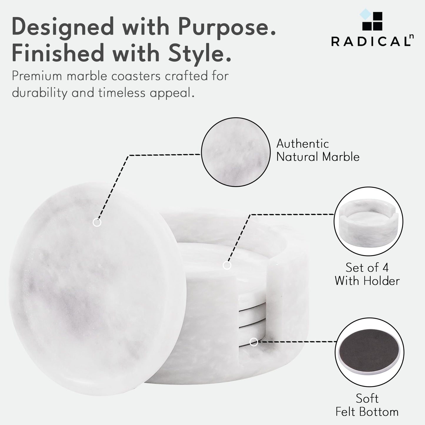 Radicaln White Marble Coasters Set of 4 Handmade 3.5" Inch Round Coasters for Drinks, Elegant Coaster Set with Holder for Dining and Coffee Tables