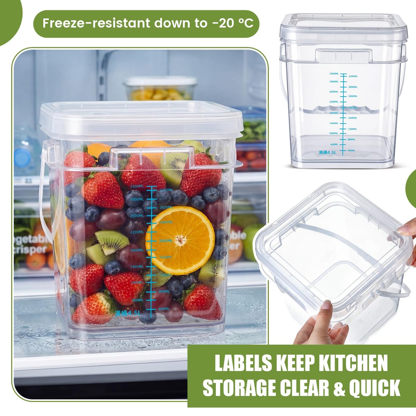 LemonRoad 4 Pcs Clear Square Bucket with Lid 1 Gallon Graduated Pail Container Food Grade Buckets for Cleaning Plastic Pails with Grip Handles for Kitchen Meal Prep Snack Rice Flour Pet Food, 4 Qt