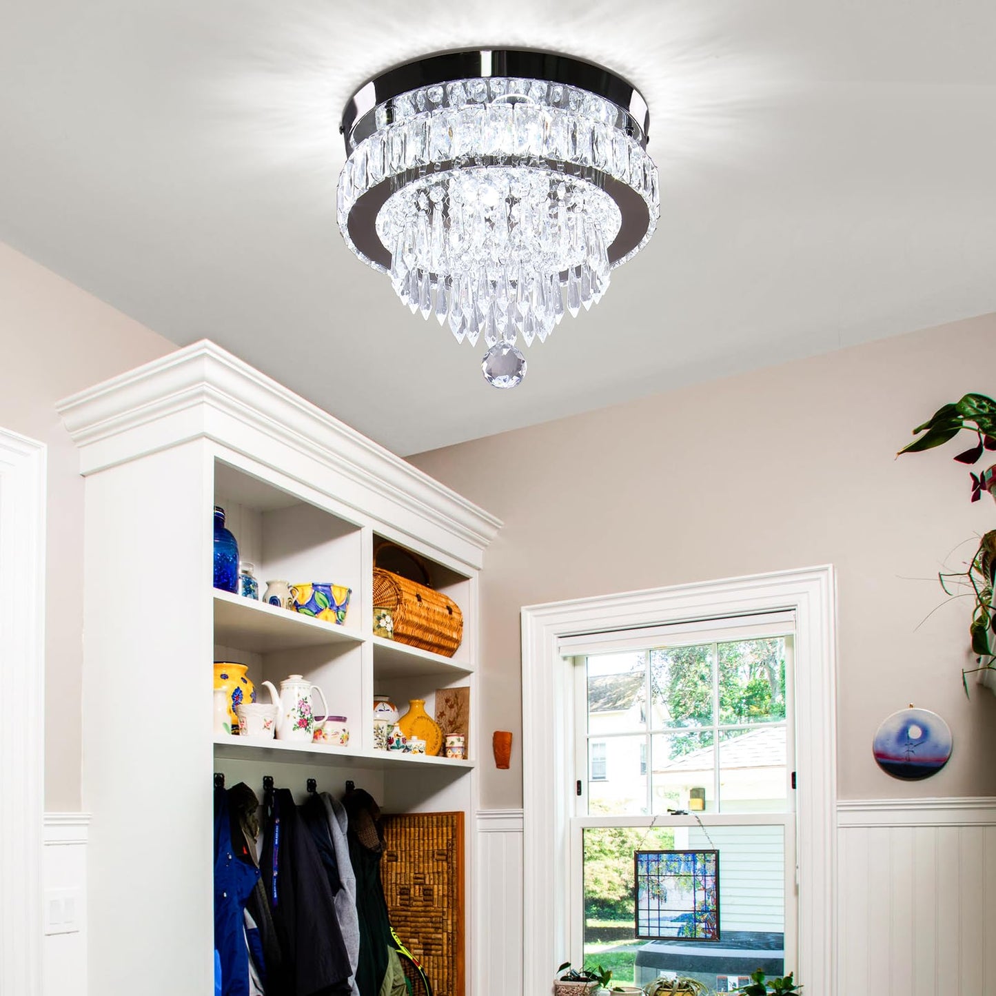 Finktonglan 11.8" Crystal Chandeliers, Morden Crystal Ceiling Light LED Small Chandeliers Semi Flush Mount Chandelier Room Light for Bedrooms Living Room Hallway (6500K White Light)