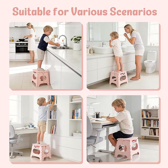 ACSTEP Folding Step Stool 11 Inch, Sturdy Plastic Foldable Step Stool for Kids & Adults, Non Slip Lightweight Collapsible Foot Stools Holds 300 lbs, Ideal for Kitchen, Bathroom, Bedroom, Light Pink