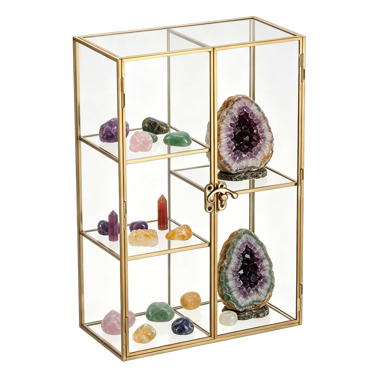JUXYES 5 Grids Tabletop Brass Glass Rock Display Case with Latch Door - Modern Clear Rocks Collection Display Case Box - Gold Dust Proof Case Small Shelf for Collectible, Mineral Crystal, Rock, Stones