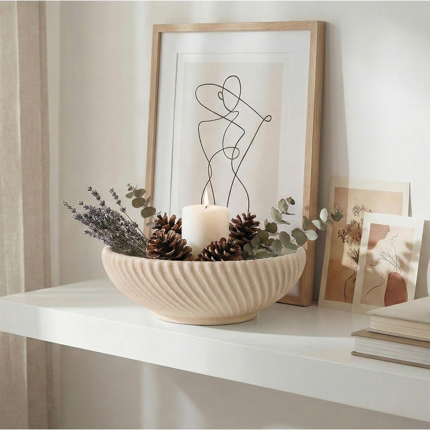 LINYTHER Large Decorative Fruit Bowl for Kitchen Counter or Table, Key Holder Bowl for Entryway Table, Bread Candy Snack Organizer, Modern Farmhouse Centerpiece Decor, Beige/Ribbed