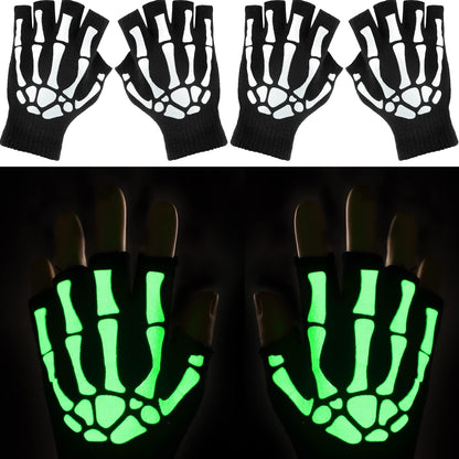 Tatuo 3 Pairs Skeleton Fingerless Glove Glow in the Dark Glove for Kid Adult Halloween(Medium)