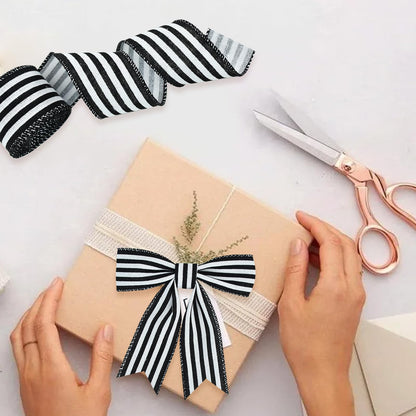 TONIFUL 2 Rolls-2 Inch Black Striped Wired Ribbon, Black and White Stripe Wired Ribbon for Gift Wrapping, Indoor, Bows Making, Wedding Birthday Party Decoration (6yds/roll)