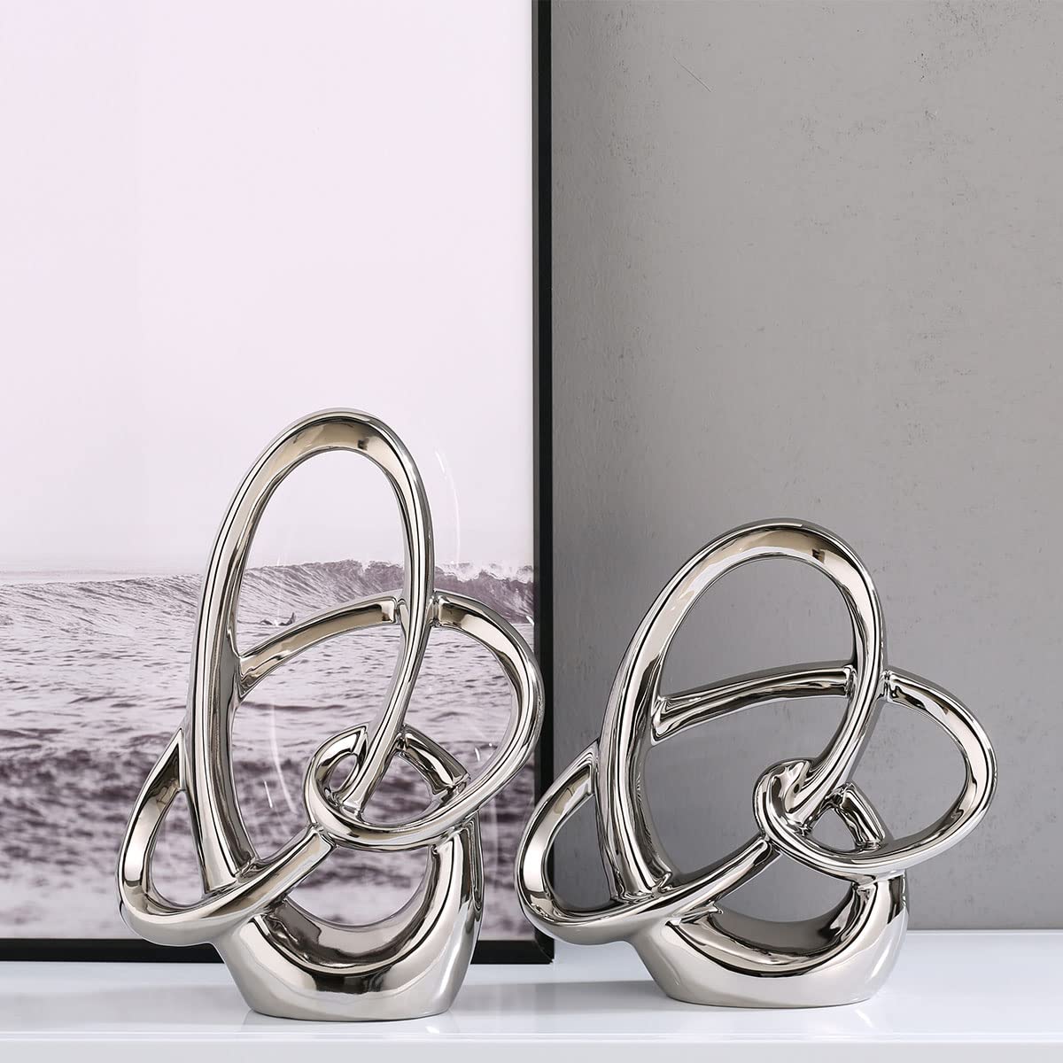 Modern Silver Decor Ceramic Statue - Abstract Home Accent & Tabletop Figurine for Living Room, Bedroom, Bathroom, Office, Shelf, Mantel - Wedding, Coffee Table, Dining Room Centerpiece Decoration