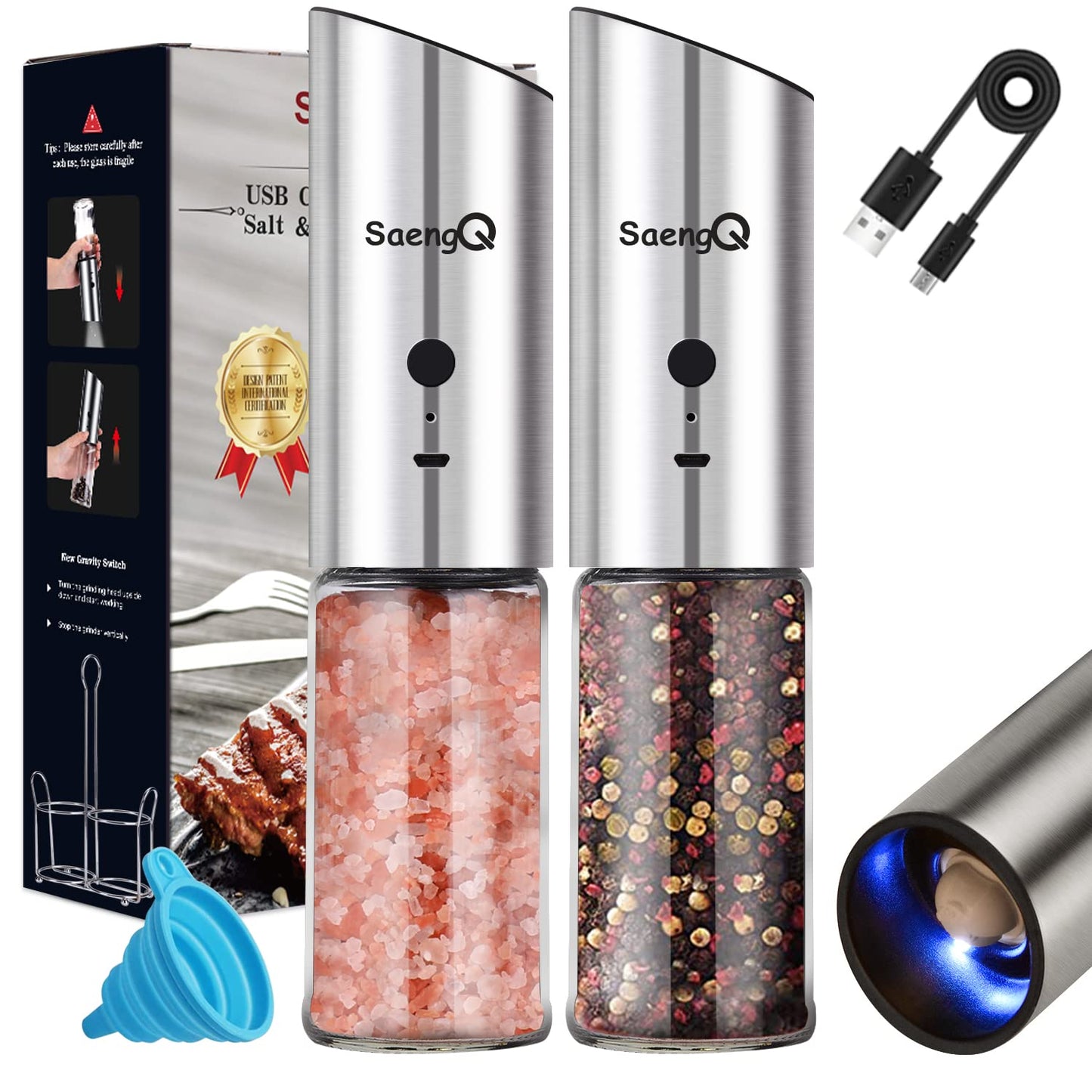 Electric Salt and Pepper Grinder Set - USB Rechargeable Gravity Salt and Pepper Shakers, Automatic Glass Mill with Adjustable Coarseness, LED Light, One-Hand Operation for Kitchen & Dining