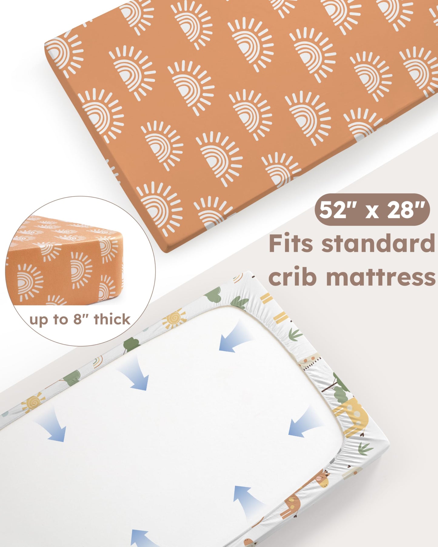 Nyessmee Pack and Play Sheets for Boys Girls, 38" x 26" Mini Crib Sheets Fitted for Pack n Play Mattress, Soft Breathable Playard Sheets, 2-Pack Khaki Giraffe