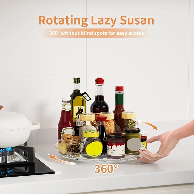 2 Pack Lazy Susan Organizer Turntable, Clear 9 Inch Rotating Organizer Tray for Cabinet Table Top, Round Non-Skid Refrigerator Lazy Susan, Kitchen Storage for Pantry Countertop Bathroom, Spice Rack