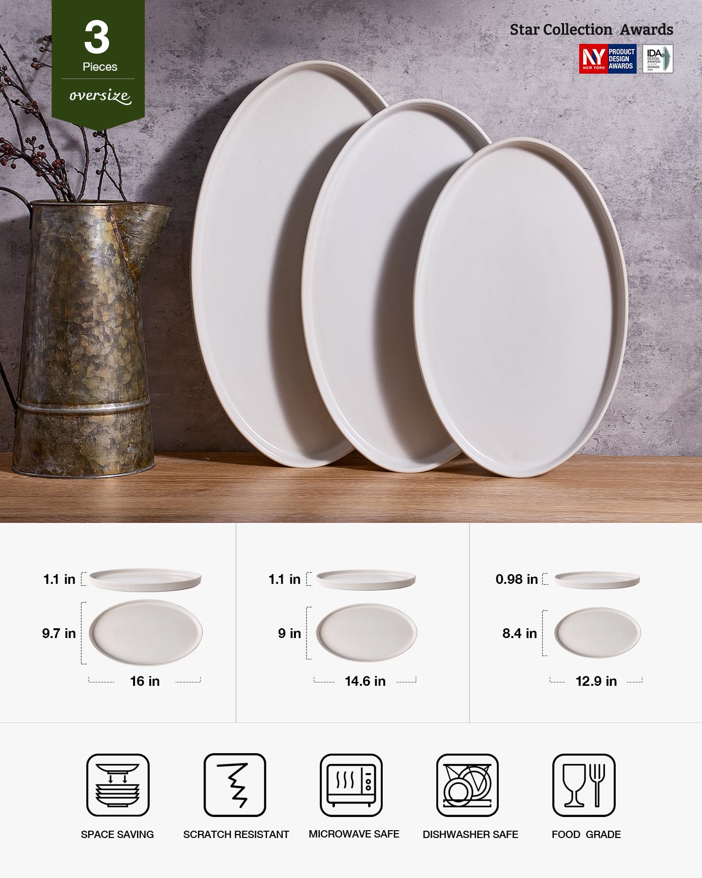 famiware Serving Platter, 16/14.6/12.9 Inch Serving Dishes for Entertaining, Party Serving Trays for Food, Buffet Oval Platters for Food, Large Plates for Bread Turkey Cheese Appetizer, Matte White