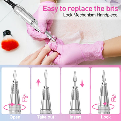 20000RPM Electric Nail Drill Professional Nail File Drill Acrylic Nails Kit for Manicure Gel Nail Polish Remover with 1 Pack of Sanding Bands(Pink)