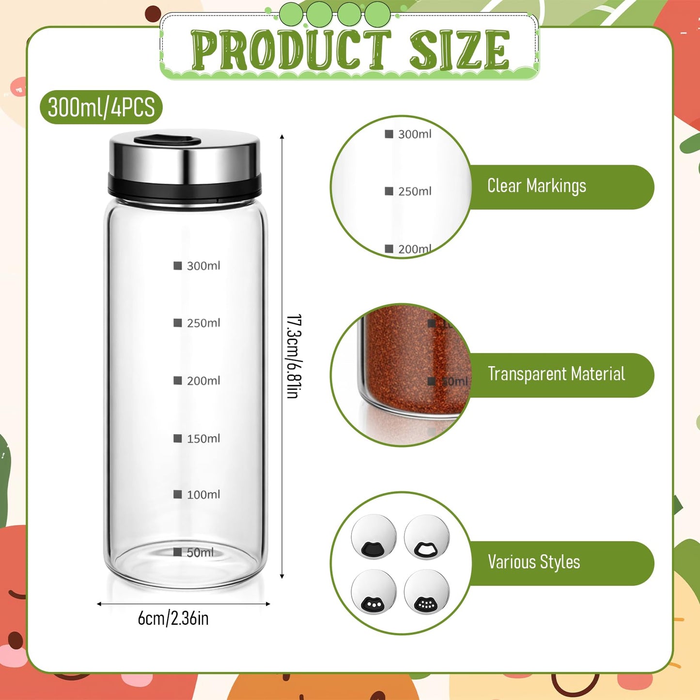 MySHUCE 4Pcs 10 oz Large Salt & Pepper Shakers, Clear Glass Shaker Bottles with 4 Adjustable Outlet Holes Spice Seasoning Cans for Kitchen Decor Home Restaurant BBQ Camping