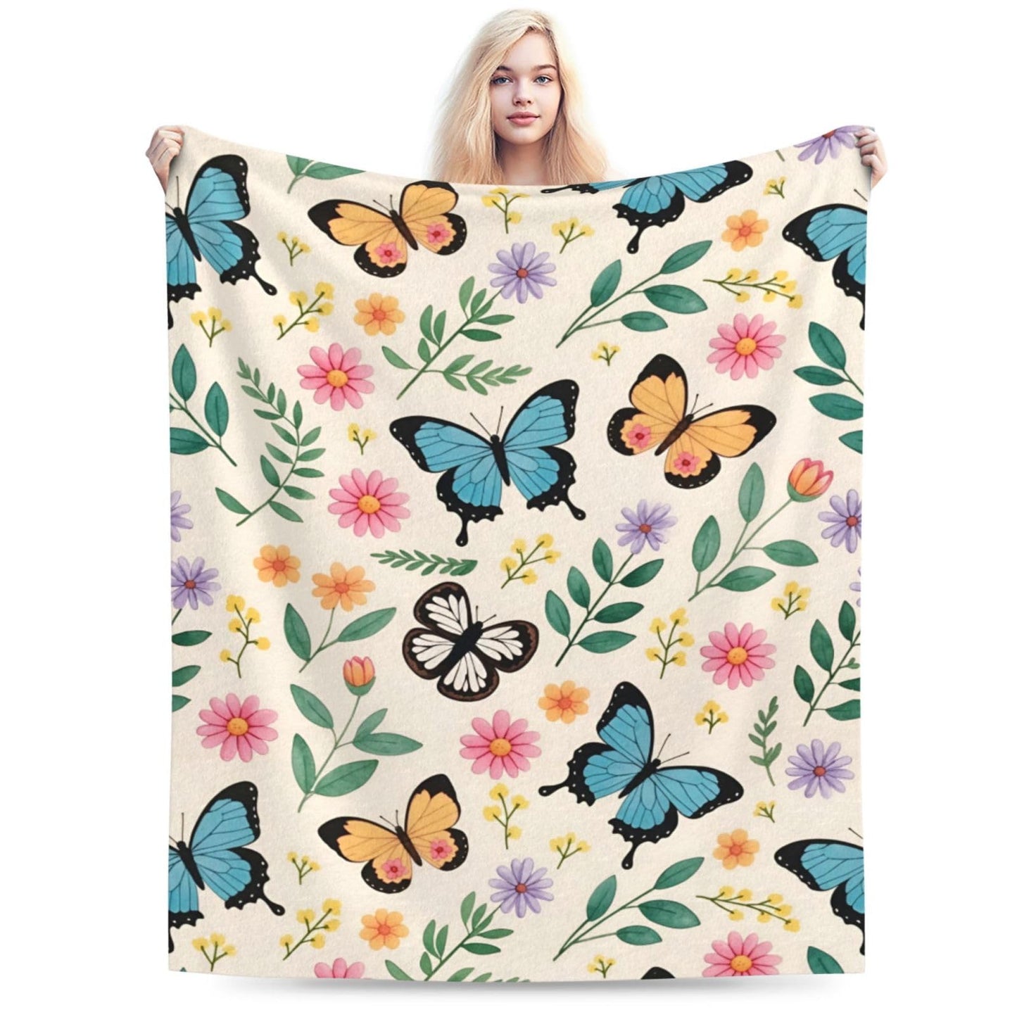 Perinsto Floral Butterfly Throw Blanket Ultra Soft Warm All Season Wild Flower Green Plant Decorative Fleece Blankets for Bed Chair Car Sofa Couch Bedroom 50"X40"