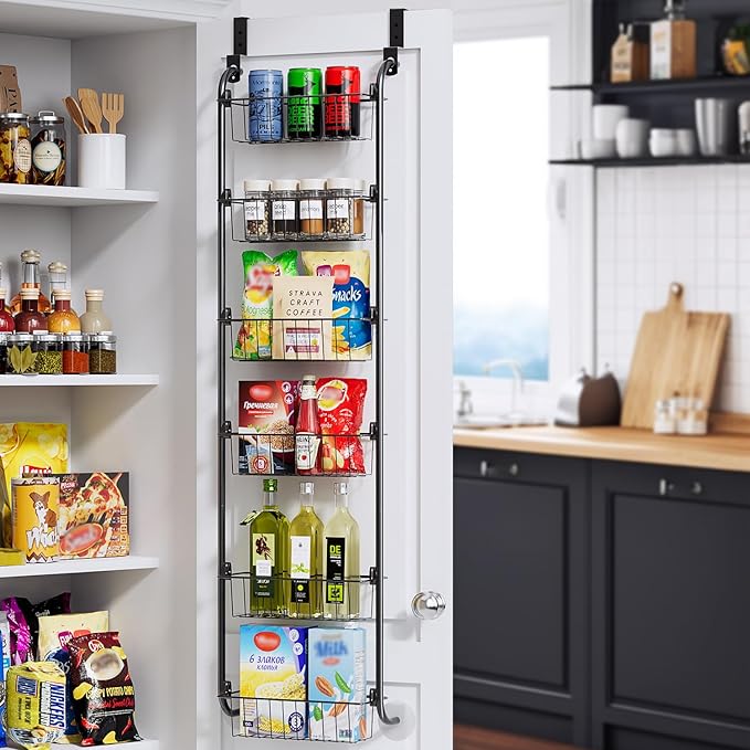 Delamu Narrow Over the Door Pantry Organizer, 6-Tier Metal Pantry Door