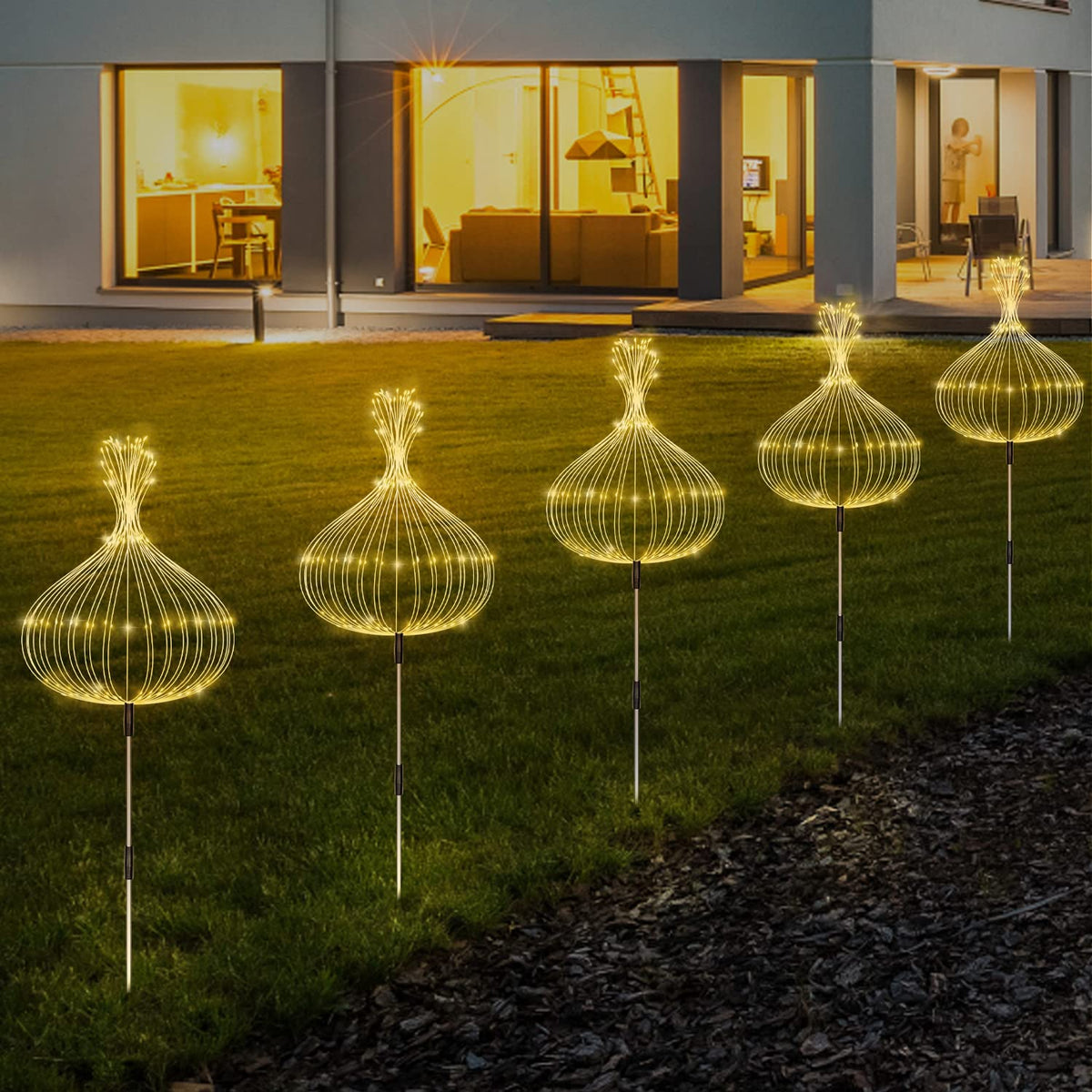Maleyt Solar Garden Lights, Outdoor Firework Lights, 5 Pack 120 LED Decorative Stake with Remote, 8 Modes DIY Landscape Light Waterproof Lamps for Walkway Pathway Backyard Lawn (Warm)