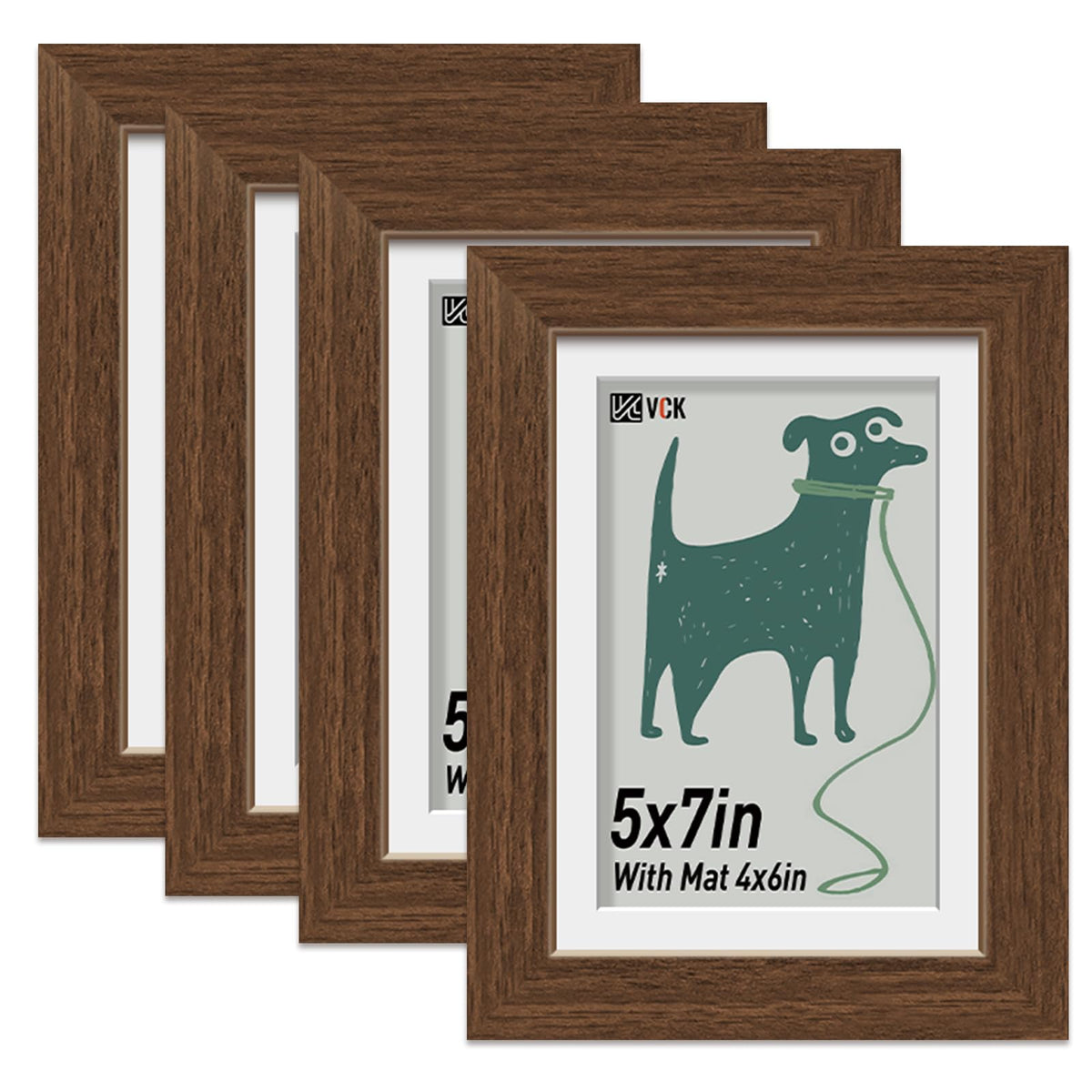 VCK 5x7 Picture Frame with Glass - 4 Pack, Display Pictures 4x6 with Mat or 5 x 7 without Mat - Wall and Tabletop, 5 by 7 Photo Brown Wooden Frames