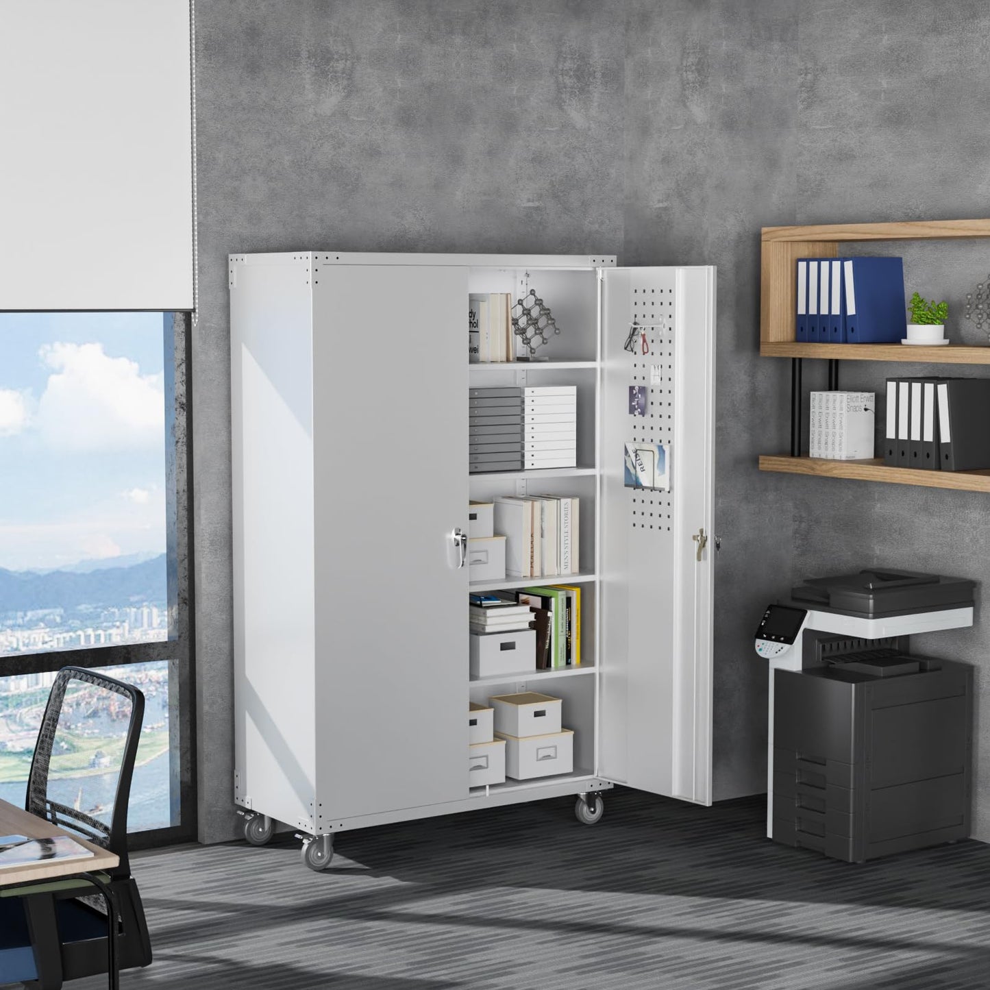 VINGLI Upgraded Wide & Deep Garage Storage Cabinet, Metal Storage Cabinet with Pegboards, Wheels, Locking Doors and Adjustable Shelves (Gray, 43''W x 20''D x 72''H)