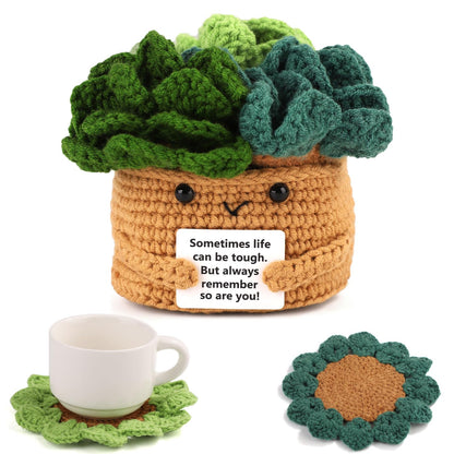 lasuroa Positive Flower Pot, Coasters Crochet Flower Mini Crochet Potted Flower Crochet Plant Pot Positive Emotional Plush Crochet with 6 Crochet Coasters for Party Decoration Encouraging Gift