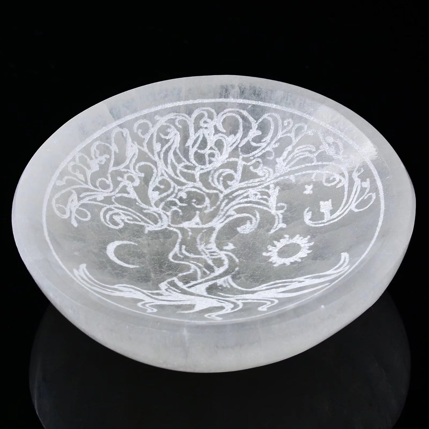 AMOYSTONE Natural Selenite Charging Bowl with Tree of Life Engraving 5.5 Inch Energy Cleansing Crystal Plate for Healing Meditation and Spiritual Home Decor