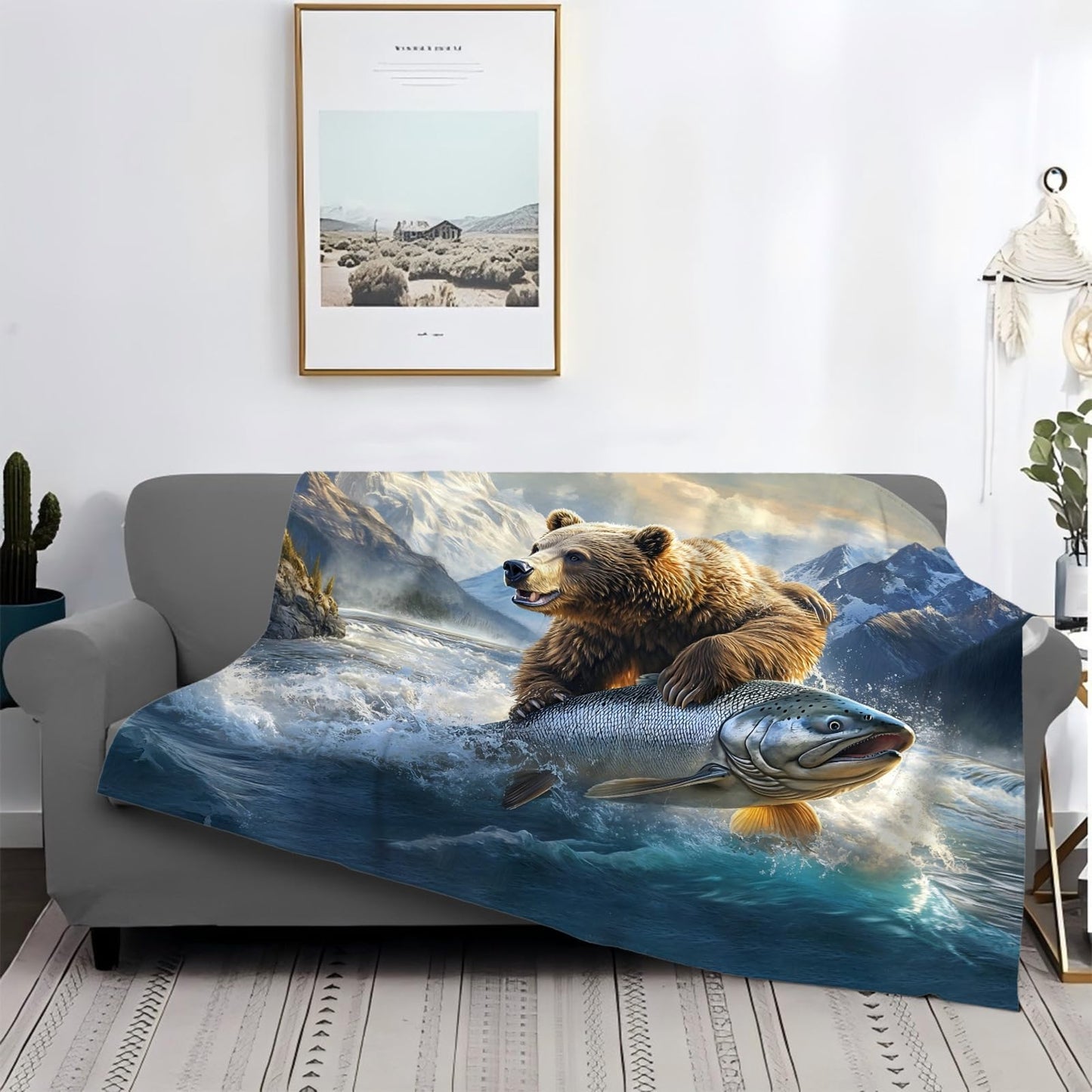 Tijuboni Bear Fish Throw Blanket Cabin Bear Gifts for Women Men Girls Boys Kids Adults Soft Flannel Fleece Blanket for Couch Sofa Bed Home Decor 40"x50"