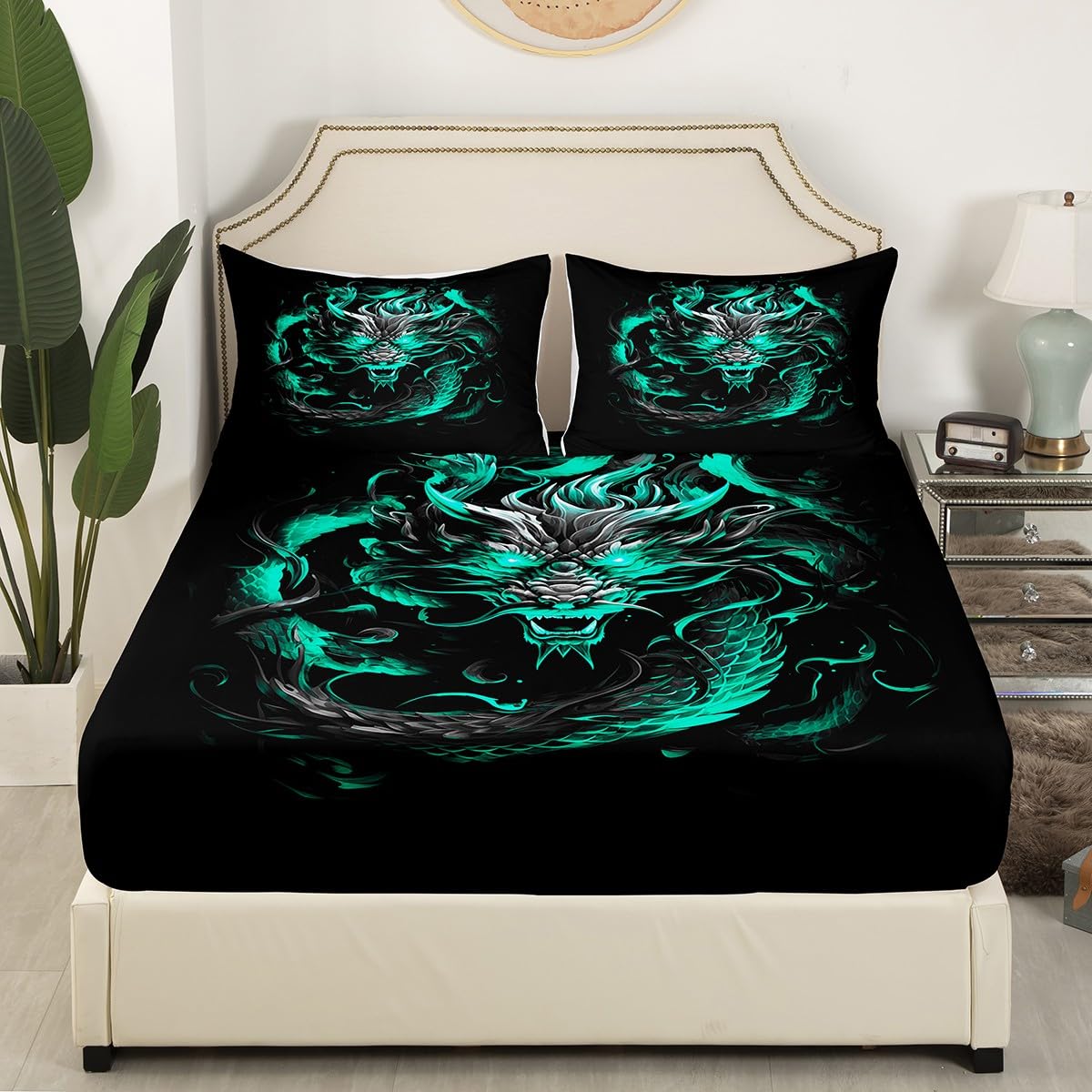 Dragon Fitted Sheet Queen Size,Blue Green Flame Dragon Bed Sheets for Kids Boys Men Adult Bedroom Decor,Magical Wildlife Animals Bedding Set Luxury Cool Deep Pocket Sheet 3Pcs,2 Pillowcases