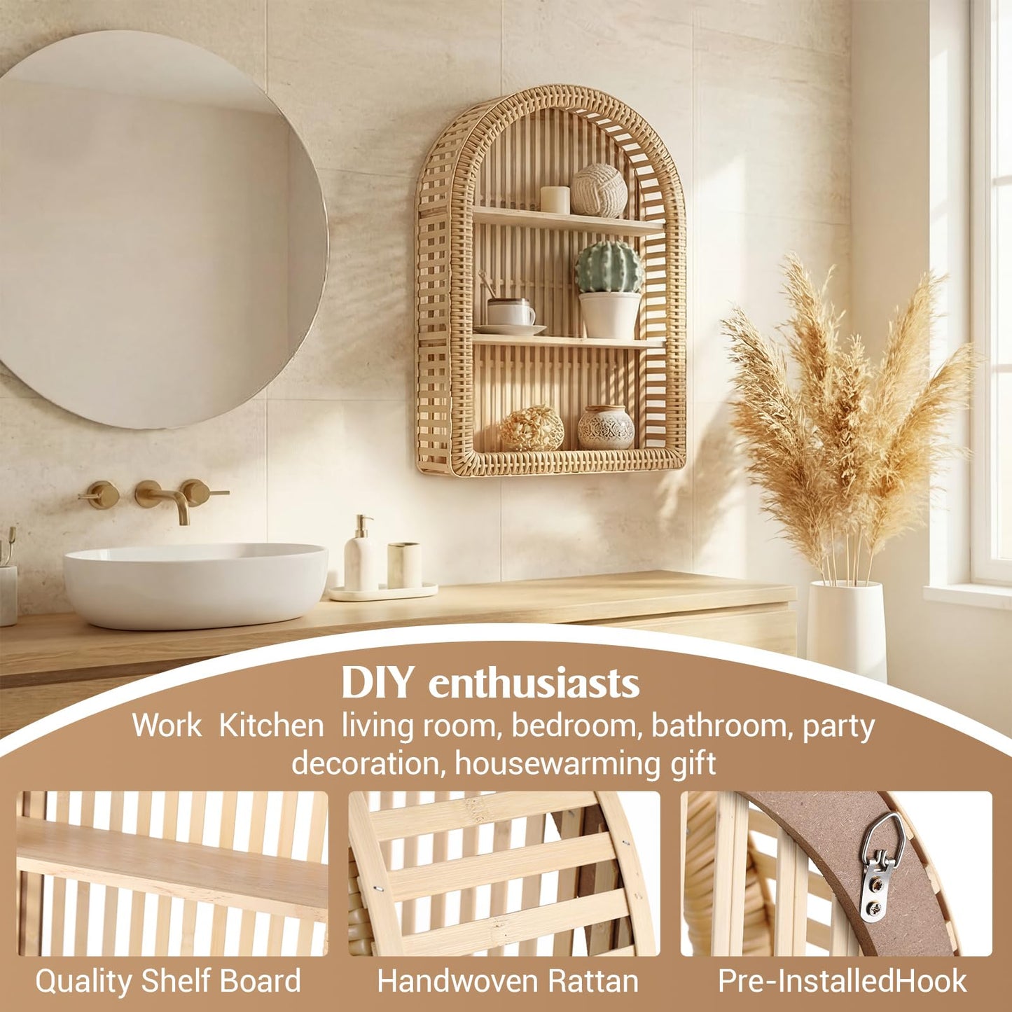 Pinkunn 20'' x 12'' 3 Tier Rattan Wall Shelf Boho Arch Hanging Shelves Arched Wall Mounted Wicker Shelf Decorative Farmhouse Handcraft Floating Storage Display Rack for Bathroom Living Room Decor