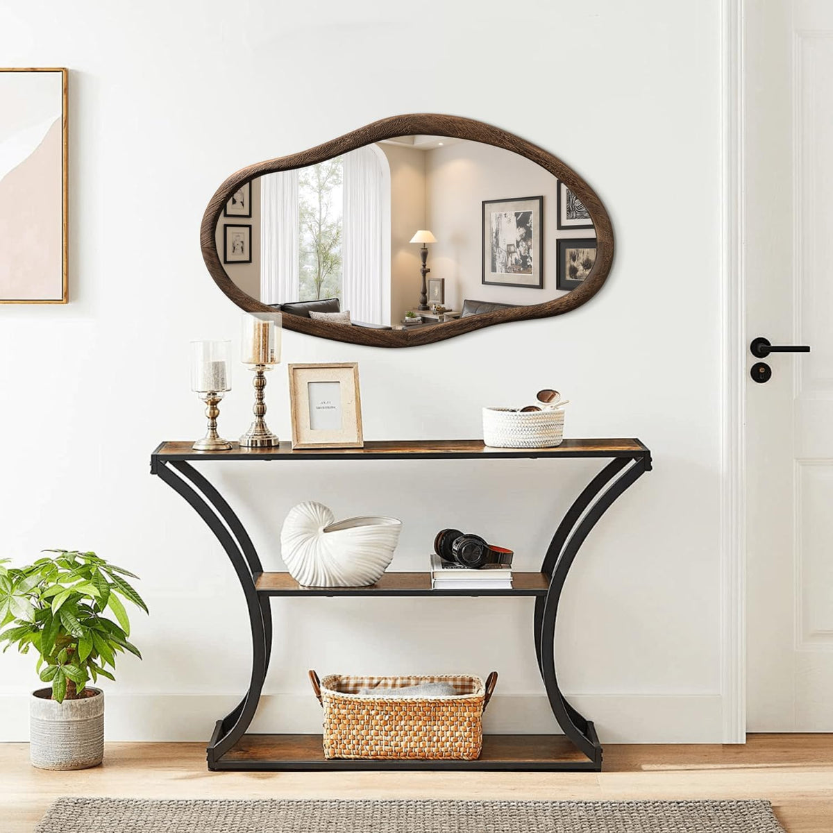 JJUUYOU Asymmetrical Mirrors Irregular Bathroom Wall Mirror 30"x18" Large Wooden Frame Modern Decorative Mirror for Makeup Bathroom Living Room Brown