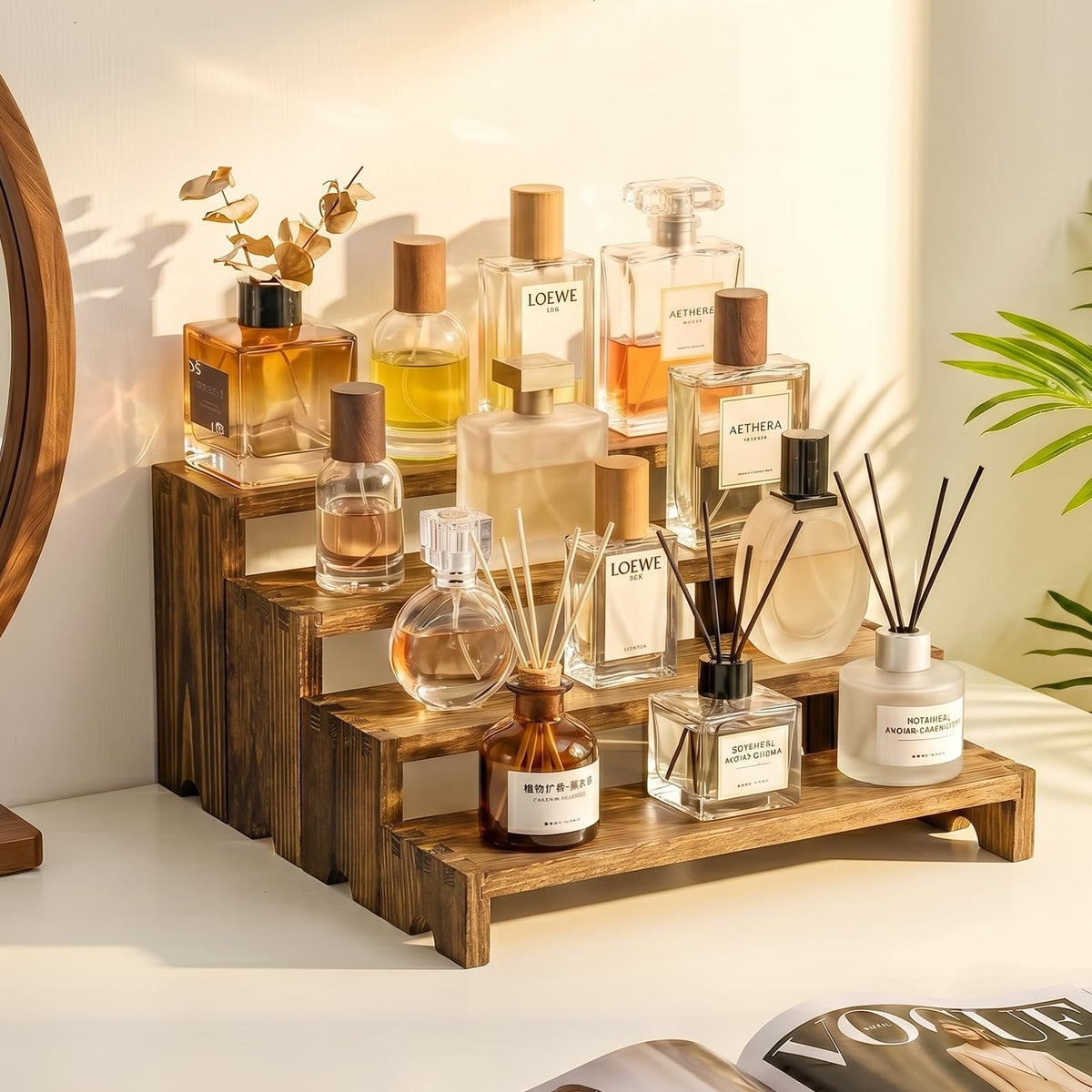 2 Set Wood Risers Tiered Display Stands Wooden Cupcake Stand Small Perfume Organizer Stackable Food Display Risers for Party Dessert Table Cologne Organizer Wood Risers for Decor Vendor, Brown