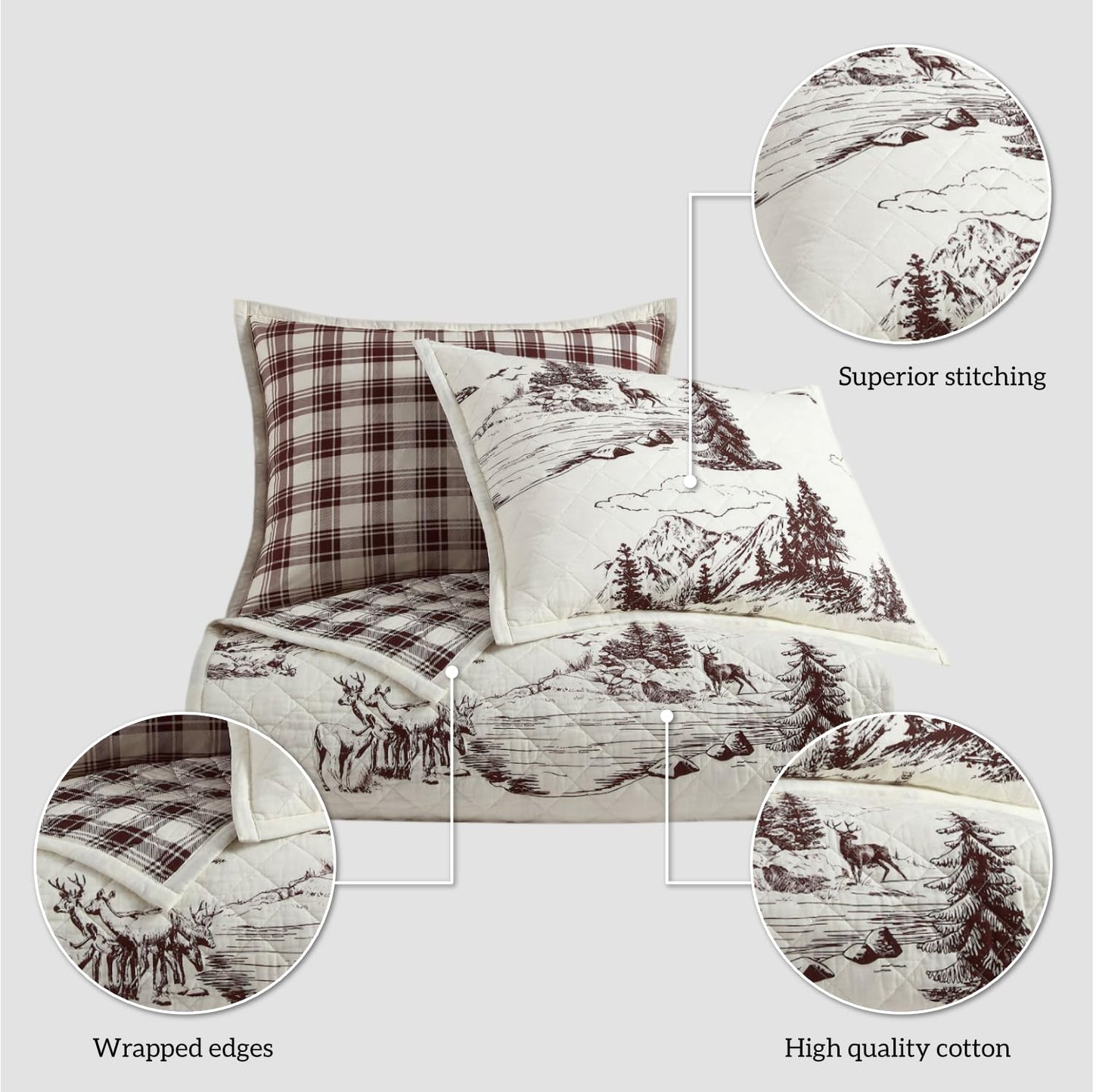 Paseo Road White Pine Rustic Bedding 3 Piece Full Queen Quilt Set, Cotton White Brown Bear Deer Pine Tree Woodland Print Cabin Bedding, Reversible Lodge Quilt Set with Pillow Shams