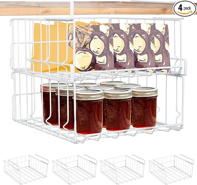 Hanging Under Shelf Storage Basket, 4 Pack Foldable Under Cabinet Metal Desk