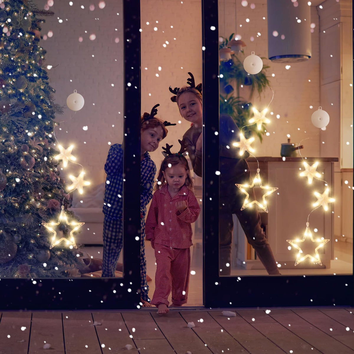 LYUBASA [Timer 3Pcs Christmas Window Lights Decorations,Battery Powered Christmas Hanging Warm White Lighted Tree Bell Star Shaped LED Sucker for Xmas Tree Fireplace Indoor Outdoor Decor