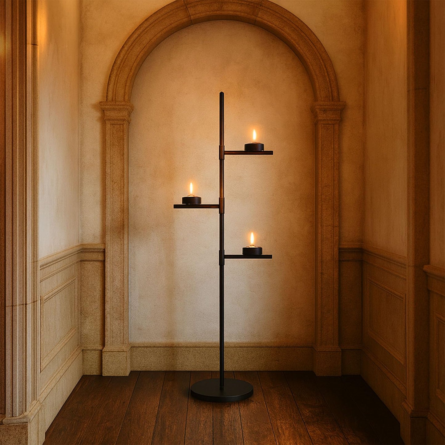 Smtyle Floor Candelabra Tall Tea Light Candle Holder Modern Black Metal Stand for Home Decor, Meditation, and Events