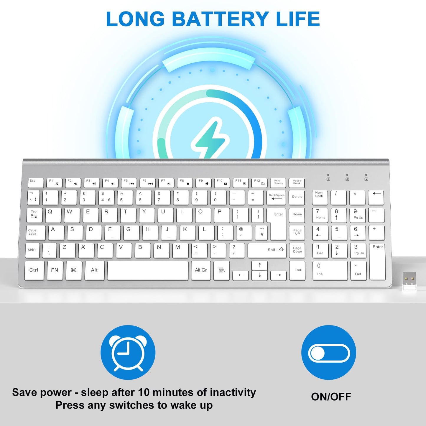 cimetech Wireless Keyboard, 2.4G, Ergonomic with Number Pad, Silent USB, PC, Laptop, Desktop, Windows 10/8/7/XP - Silver White