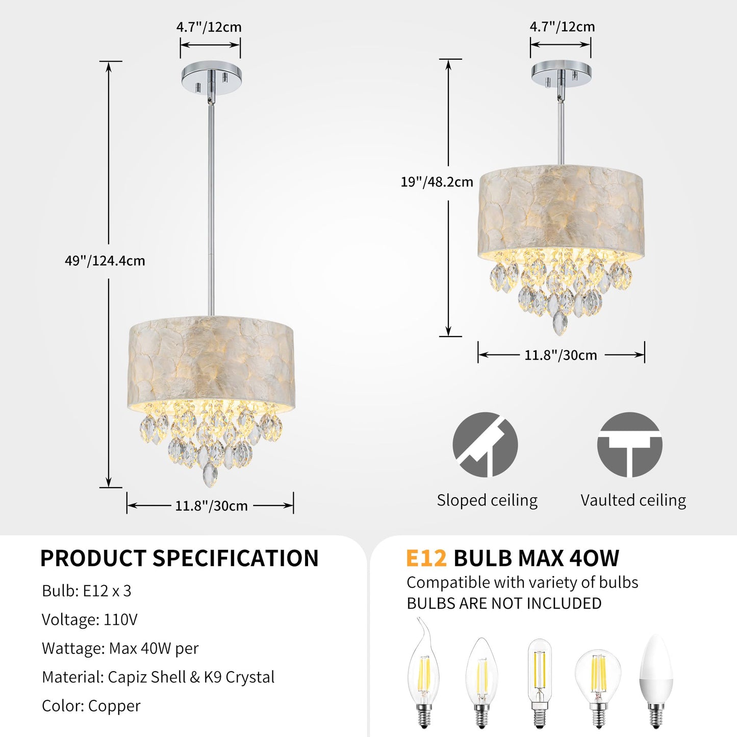 Pine Flicker 3-Light Drum Capiz Shell K9 Crystal Chandelier, Coastal Style Pendant Light Fixture for Dining Room, Living Room, D12 * H19~49 inch (Adjustable), Clear Crystal & Chrome Finish Frame