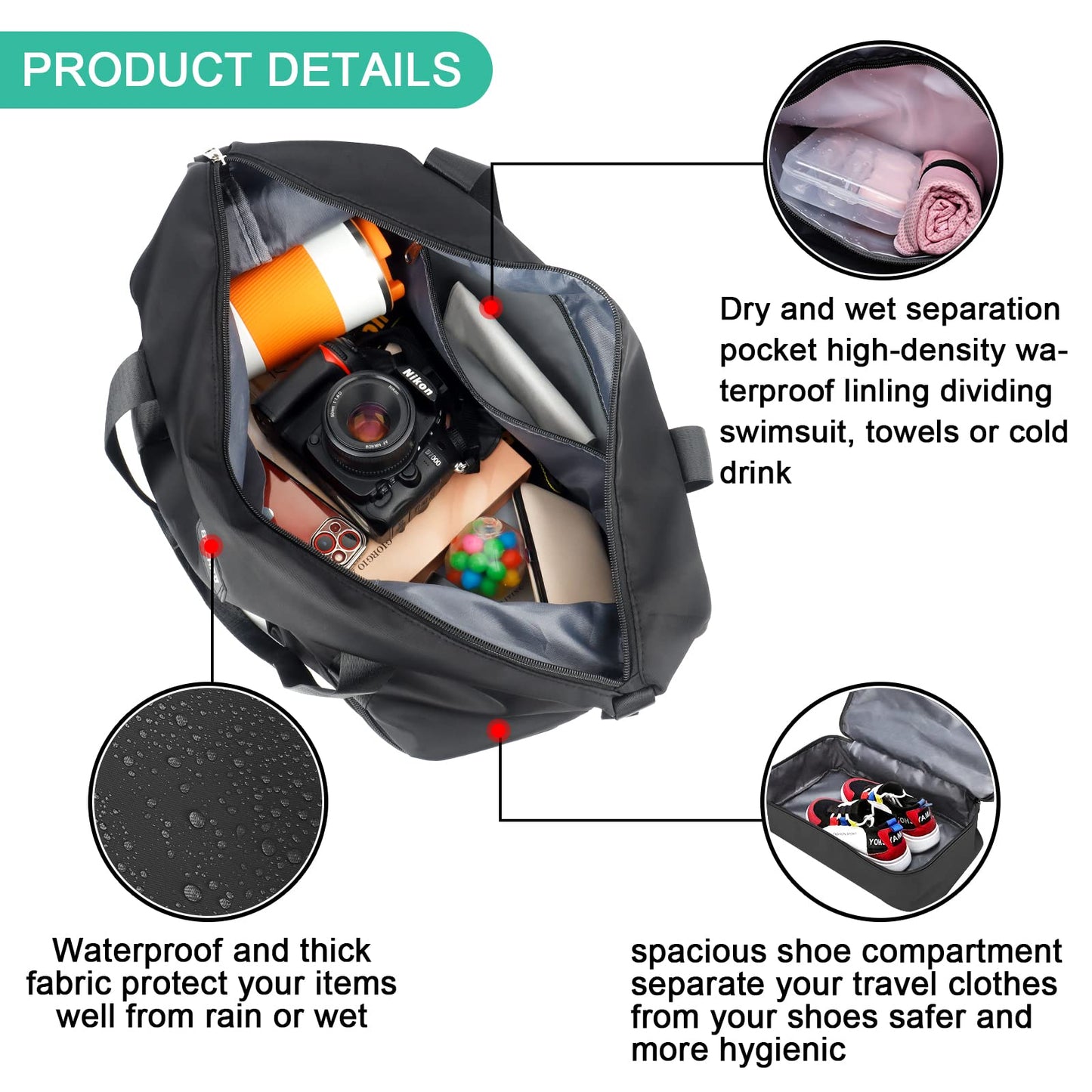 Sports Bag, Foldable Travel Bag with Shoe Compartment and Wet Compartment, CS COSDDI Water-Repellent Weekender Gym Travel Bag, Hand Luggage Bag, Training Bag for Men and Women, A1 Black, Reisetasche