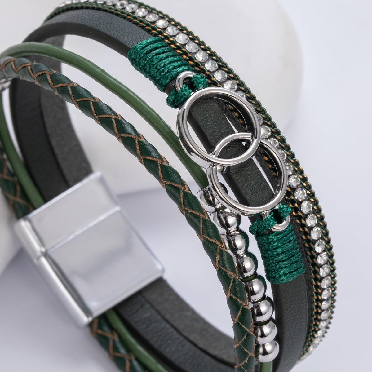 FANCY SHINY Boho Leather Wrap Bracelet Stackable Beaded Infinity Chunky Cuff Bracelets with Magnetic Clasp Western Hippie Outfits Jewelry Gifts for Women(Olive Green)