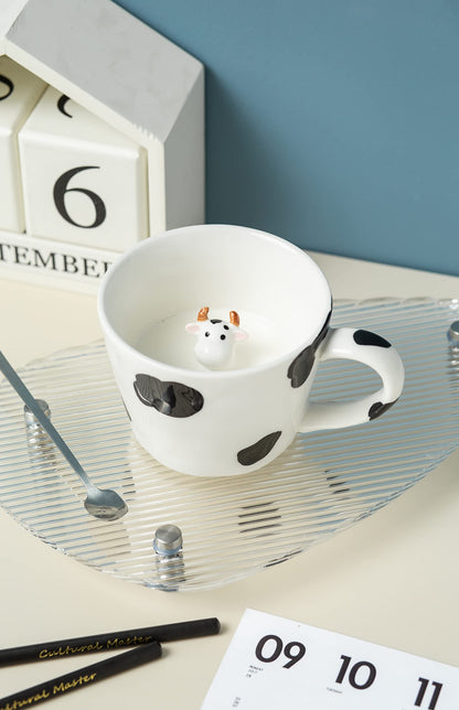 DIHOclub Cow Ceramic Cup Hidden 3D Animal Inside Mug,Cute Cartoon Handmade Figurine Mugs,Holiday and Birthday Gift for Coffee Milk Tea Lovers,12 OZ(White,Black)
