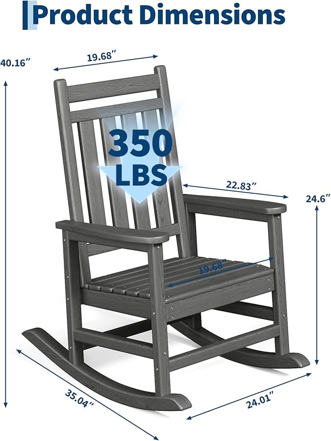 HDPE Rocking Chair Outdoor Set of 6 - Poly High Back Porch Rocker Chairs for Adults - All Weather Resistant Furniture for Patio Front Porch - Gray