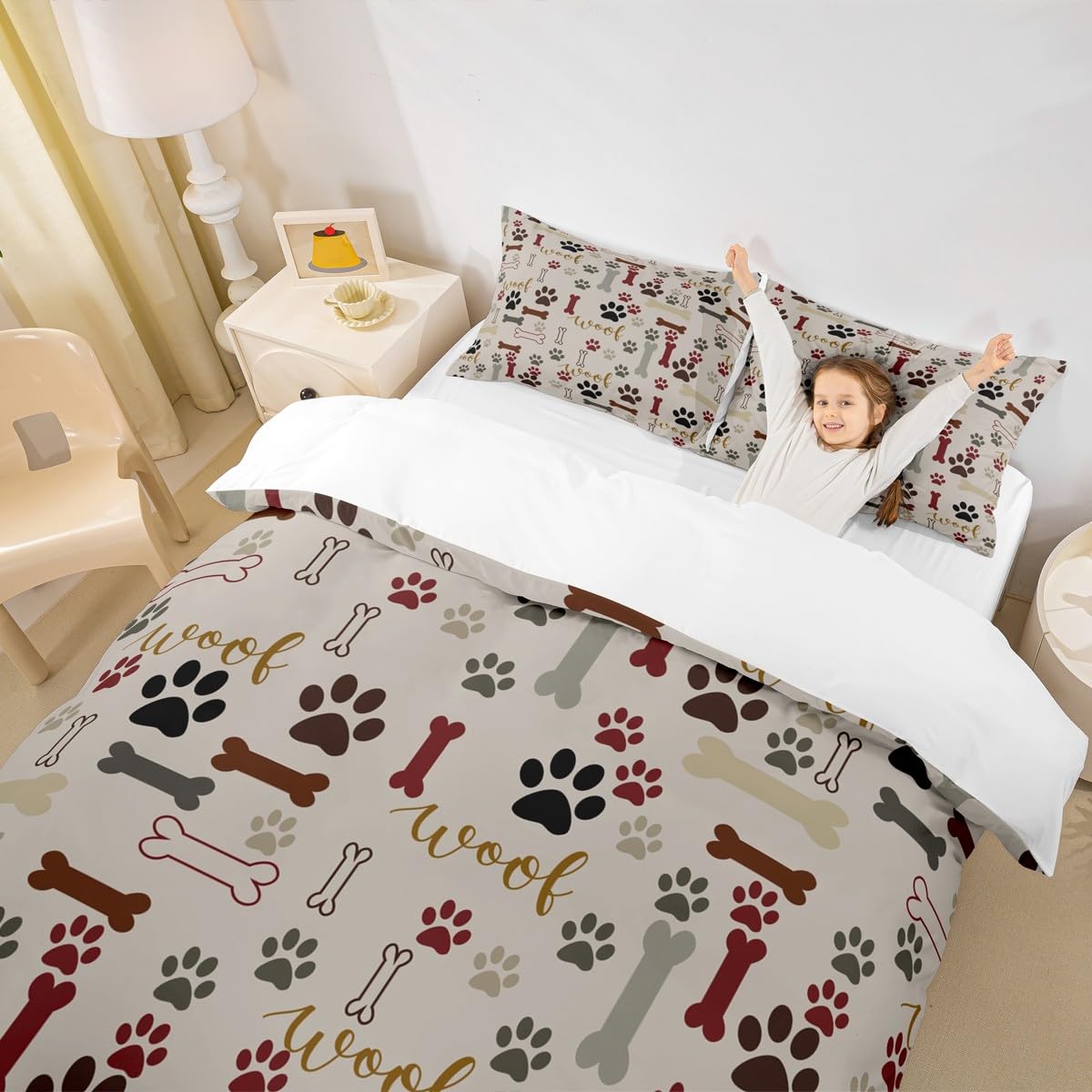 Dog Paw Print Duvet Cover Set King Size,Bone Pattern Bedding Set 3pcs for Kids Teens Girls Boys Room Decor, Pet Animal Comforter Cover Cartoon Quilt Cover with 2 Pillowcases
