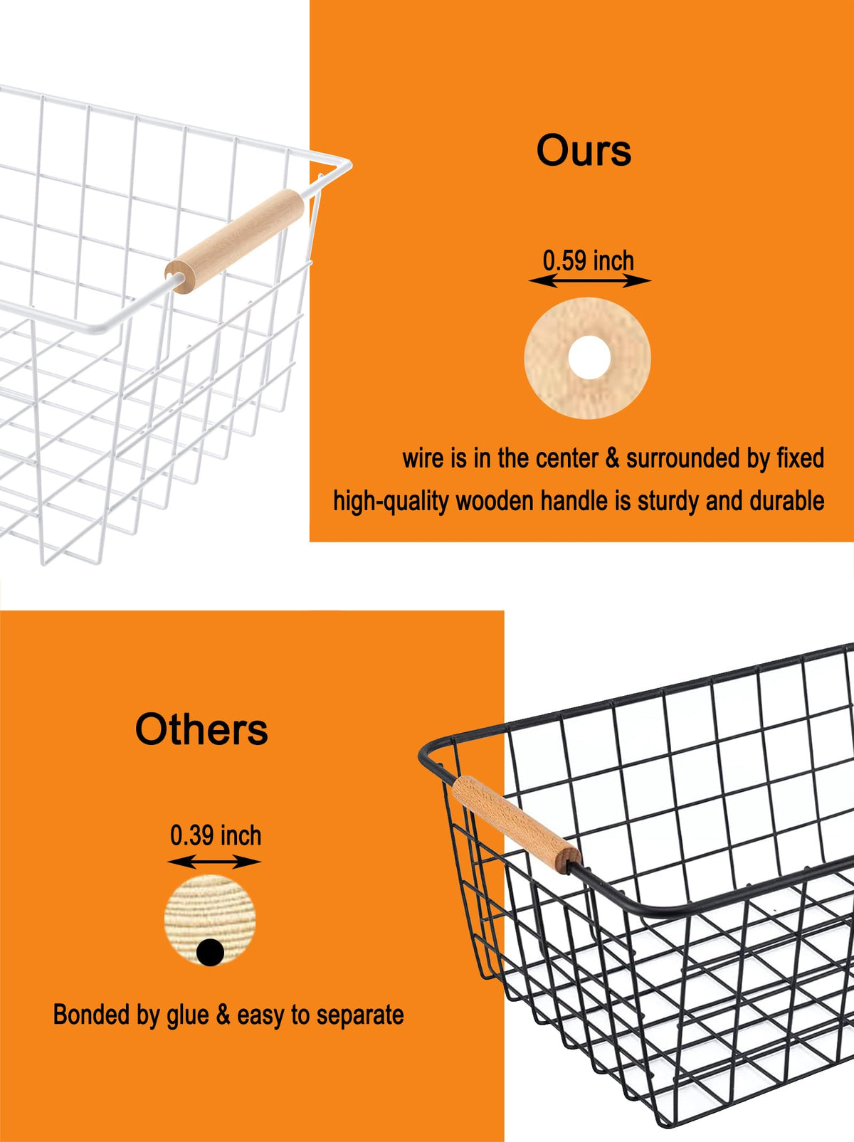 Wire Basket with Wooden Handle, Metal Utility Storage Basket for Organizing Kitchen Pantry Cabinets, Closet and Garage Shelves Drawers, Office Metal Basket Storage Organizer with Handle (White 2 Pack)