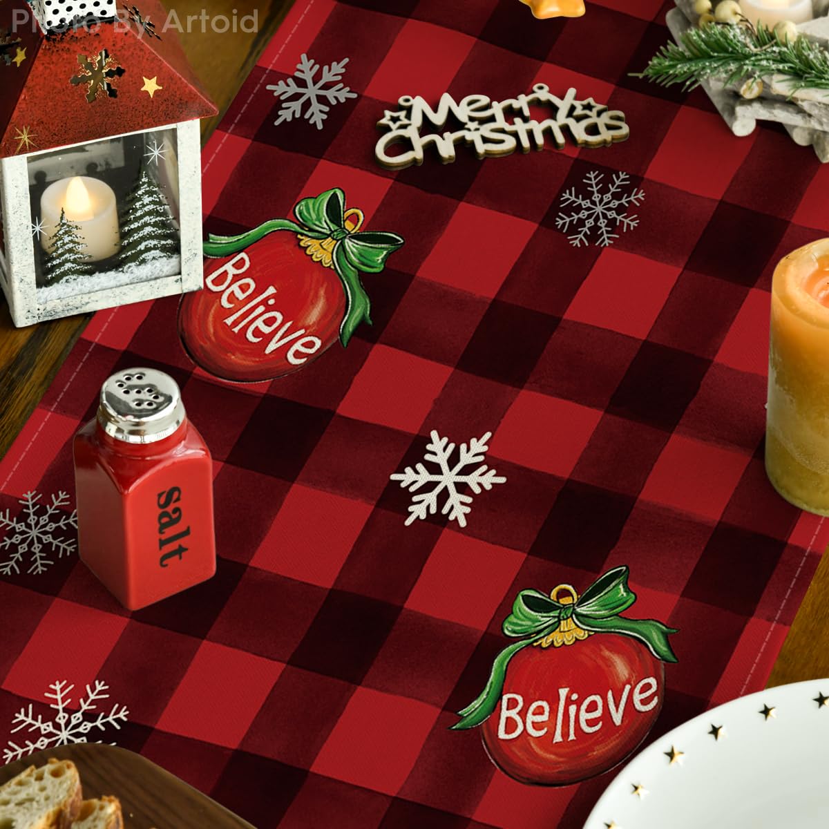 Artoid Mode Red and Black Buffalo Plaid Gnome Believe Snowflakes Christmas Table Runner, Seasonal Winter Holiday Kitchen Dining Table Decoration for Home Party Decor 13x72 Inch