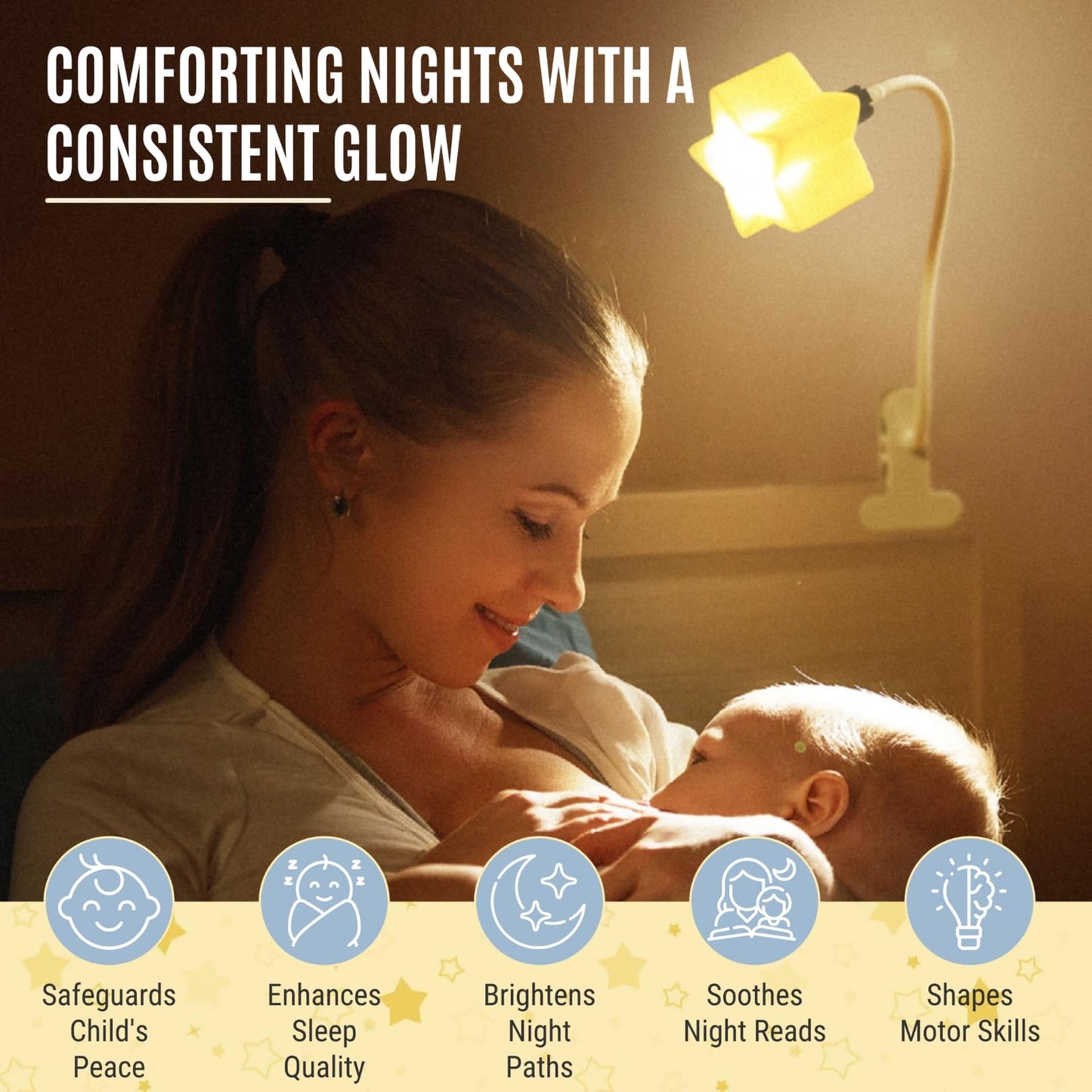 Ergojojo LED Clip On Star Light, a Unique Baby lamp - Ideal Breastfeeding, Night Light for Next to me Crib, Bedside Lamps, Bedroom Accessories, Reading & Desk lamp