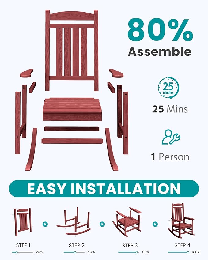SERWALL Oversized Outdoor Rocking Chair, All-Weather Patio Rocking Chair, HDPE Porch Rocker for Adults, Red