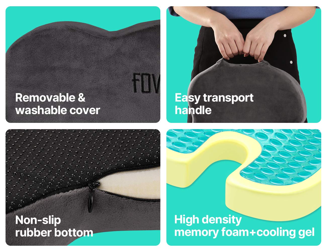 foverhom Gel Seat Cushion for Long Sitting,Office Chair Cushion for Tailbone Pain Relief,Non Slip Orthopedic 50 Density Slow Rebound Memory Foam Car Seat Cushion with Handle and Concealed Zipper