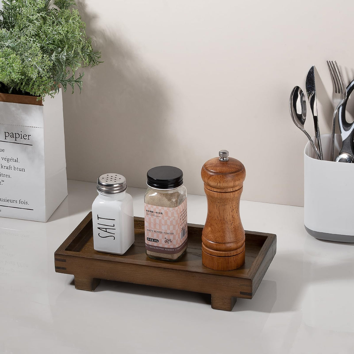 Decorative Tray Small Pedestal Stand Farmhouse Bathroom Decor Wooden Riser Display Stand for Vanity, Kitchen Countertop, Sink, 9.4 * 4.7 Walnut