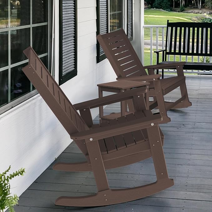 GREENVINES Outdoor Rocking Chair Set | 3-Piece | Dark Brown Wood Grain | 2 Rocking Chairs with 1 Side Table | Porch Rocker | HDPE Plastic | Patio Furniture Sets