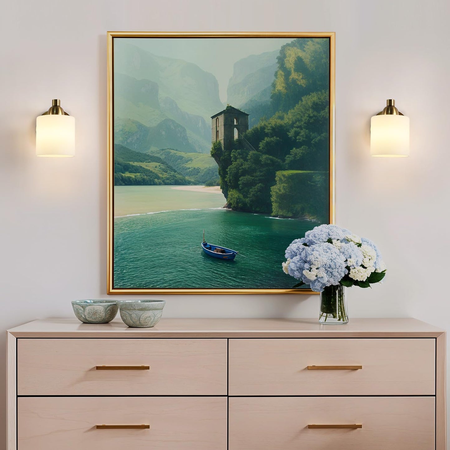 Mecgirn Gold Milk Glass Wall Sconces, 1 Pack Hardwired Indoor Wall Light Fixtures for Living Room, Hallway, Bedroom, Ceramic E26 Sockets (Bulbs Not Included)