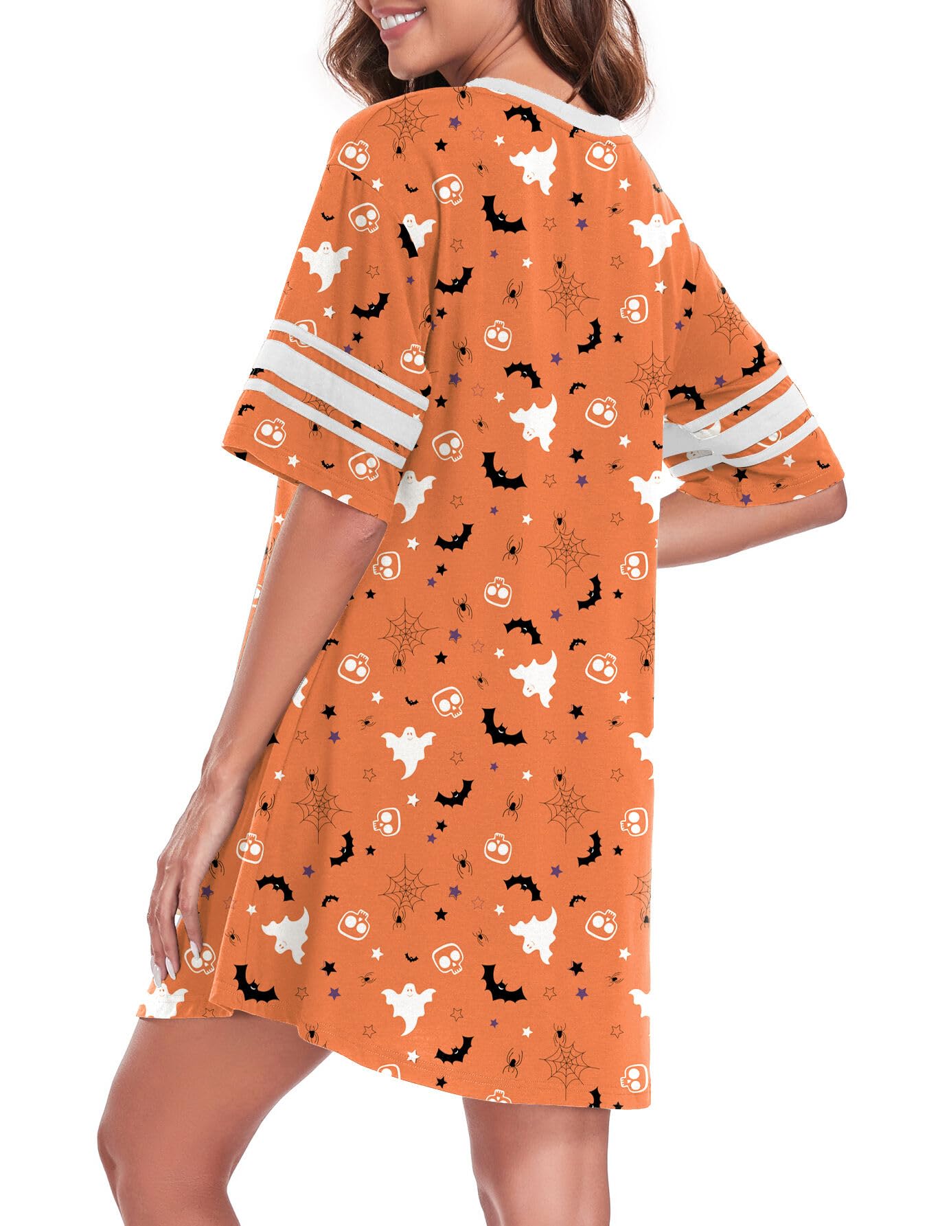 REGAI Women's Nightgown Short Sleeve V Neck Nightshirt Casual Sleepwear, Halloween Orange, 3XL