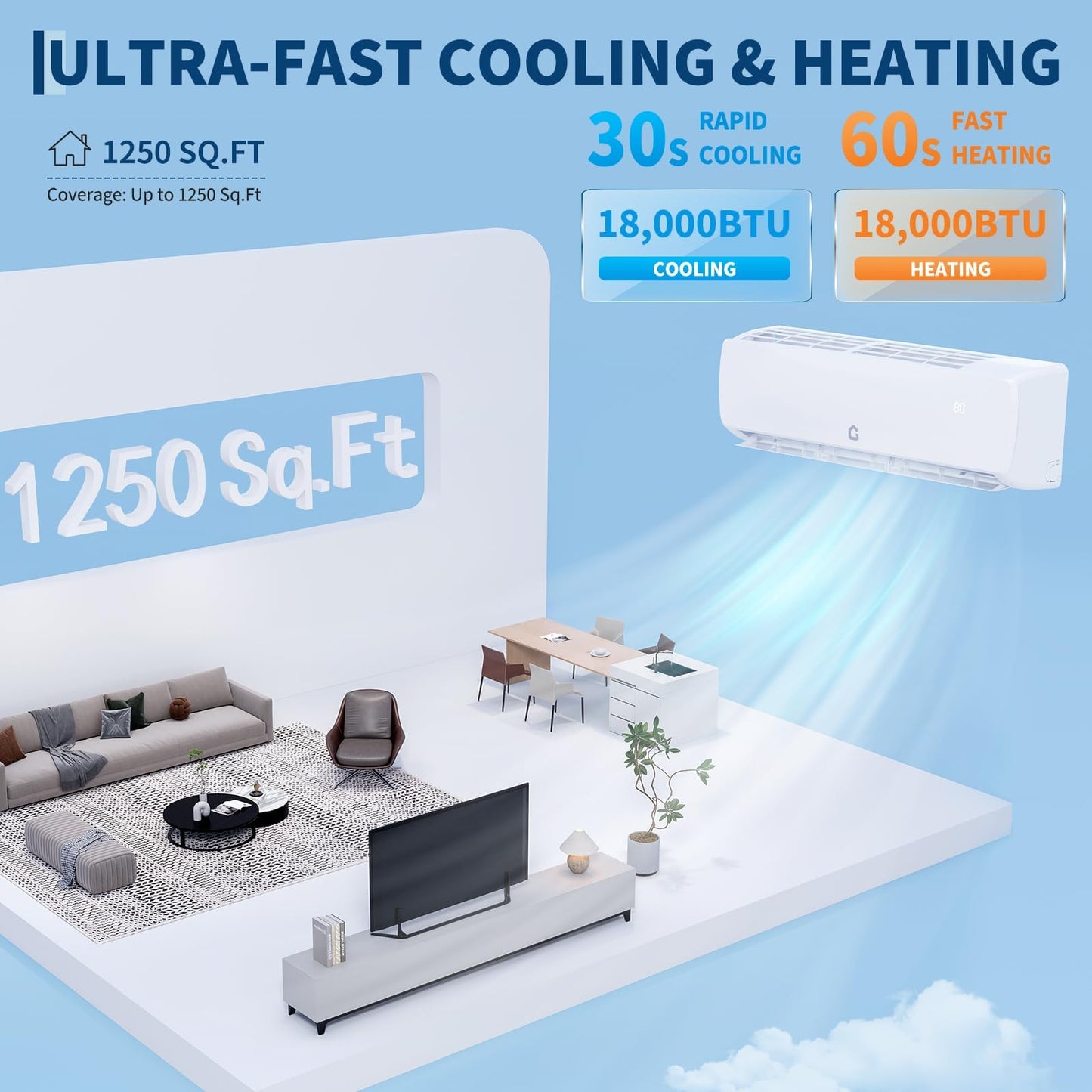 18000 BTU Mini Split Air Conditioner & Heater, 19 SEER2 230V Energy Saving Ductless AC Unit Cools Rooms up to 1250 Sq. Ft with Heat Pump & Installation Kit