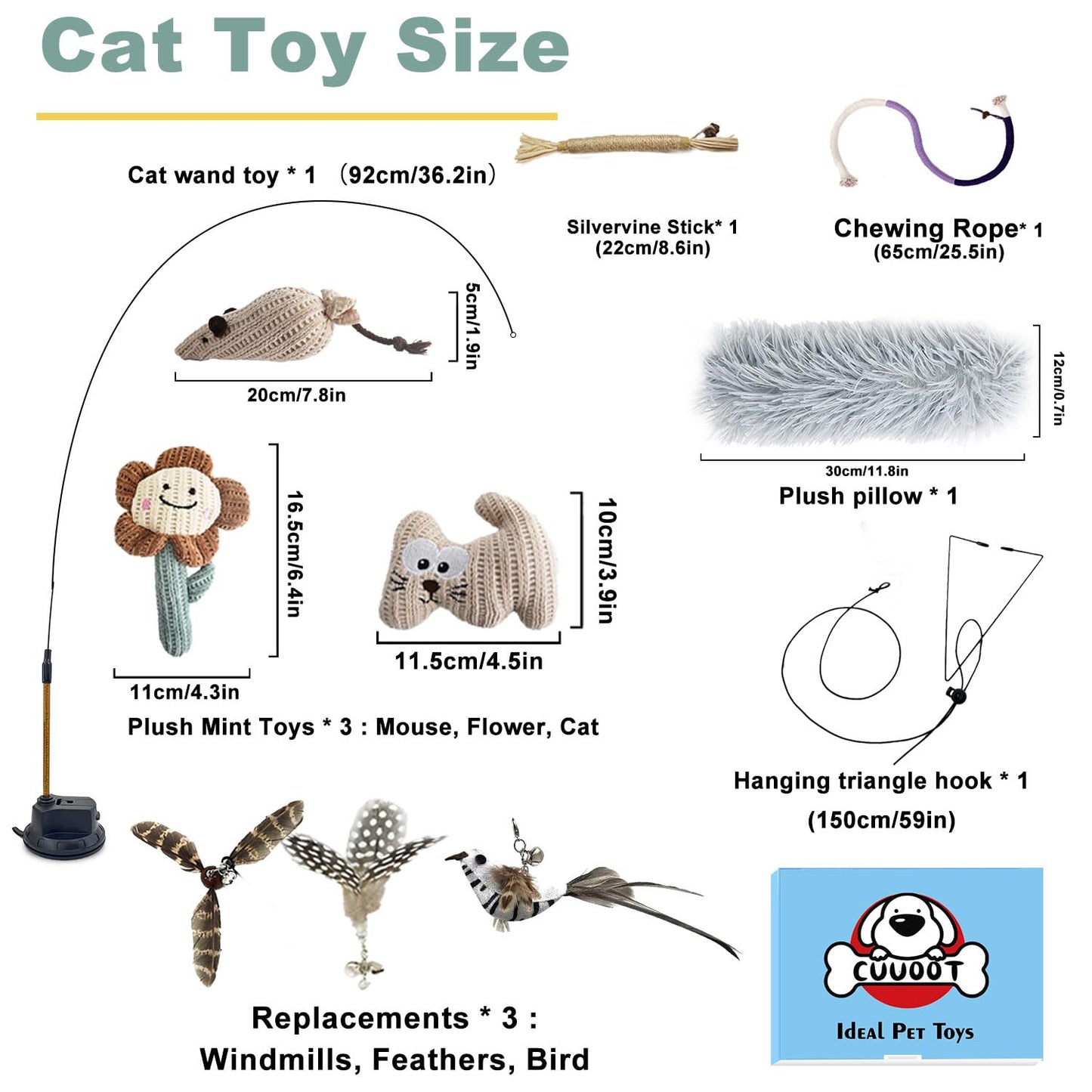 CUUOOT 7-in-1 Kitten Toys for Indoor Cats with Washable Adhesive Suction Cup, Hanging Interactive Cat Toys, Silvervine Stick and Sisal Chew Rope Catnip Teething Toy for Bored Kitten