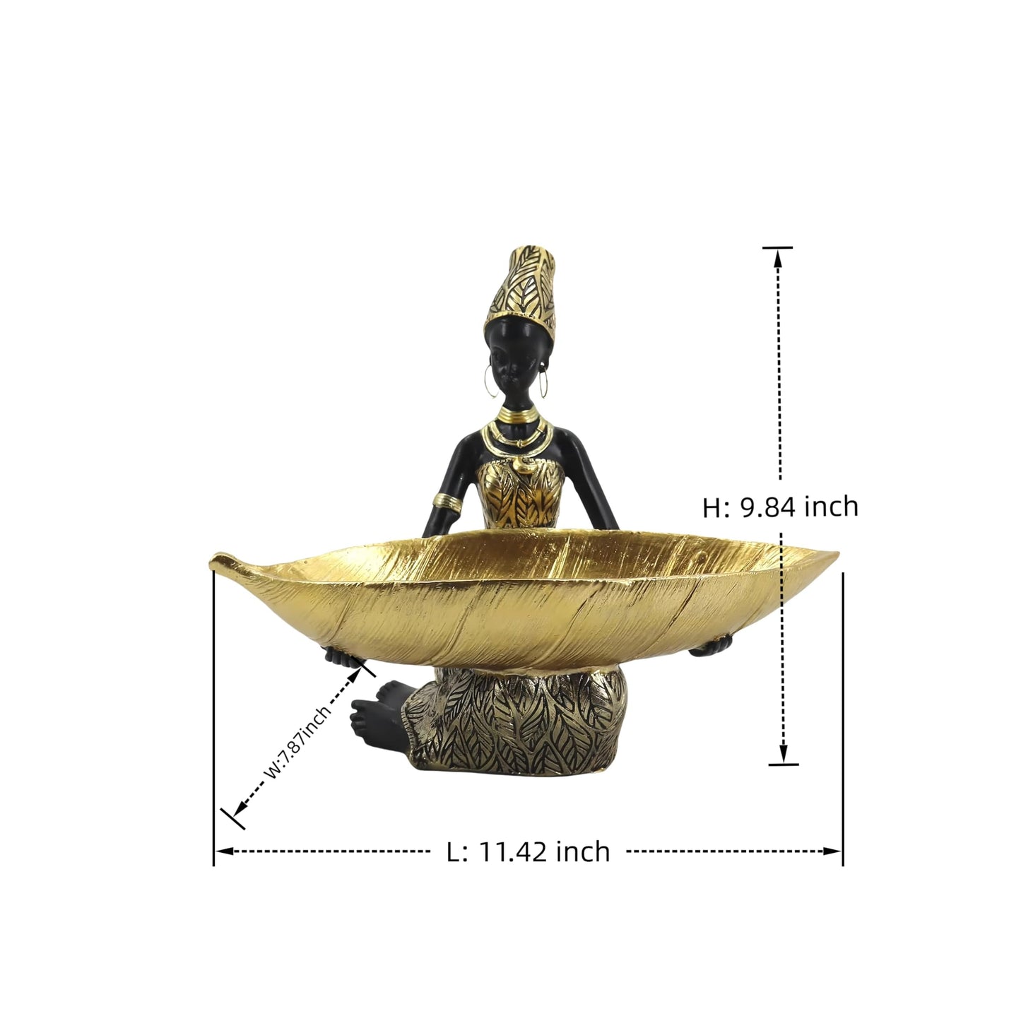 Dwelloria African Sitting Woman Leaf Bowl Statue – Tribal Resin Figurine for Candy Dish, Key Holder, Vanity Tray, African Decor Gift